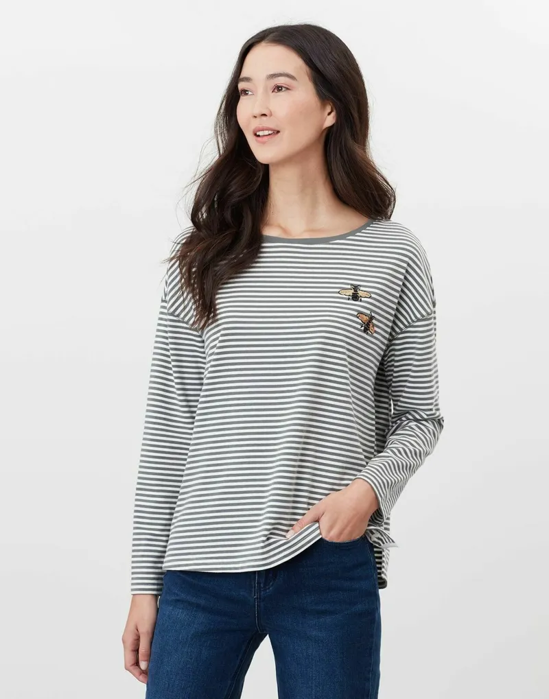 Joules Ladies Marina Embroidered Dropped Shoulder Green Cream Stripe Jersey Top-2